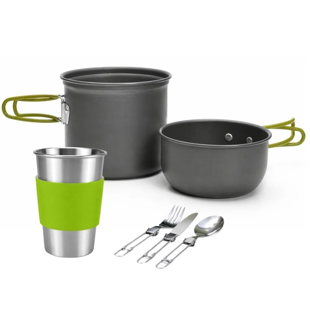 TERRE JARDIN Kit Popote Camping avec Réchaud 12 Pièces - Set Cuisine Camping Compact et Léger - Casseroles Antiadhésives, Réchaud Pliable et Accessoires Outdoor