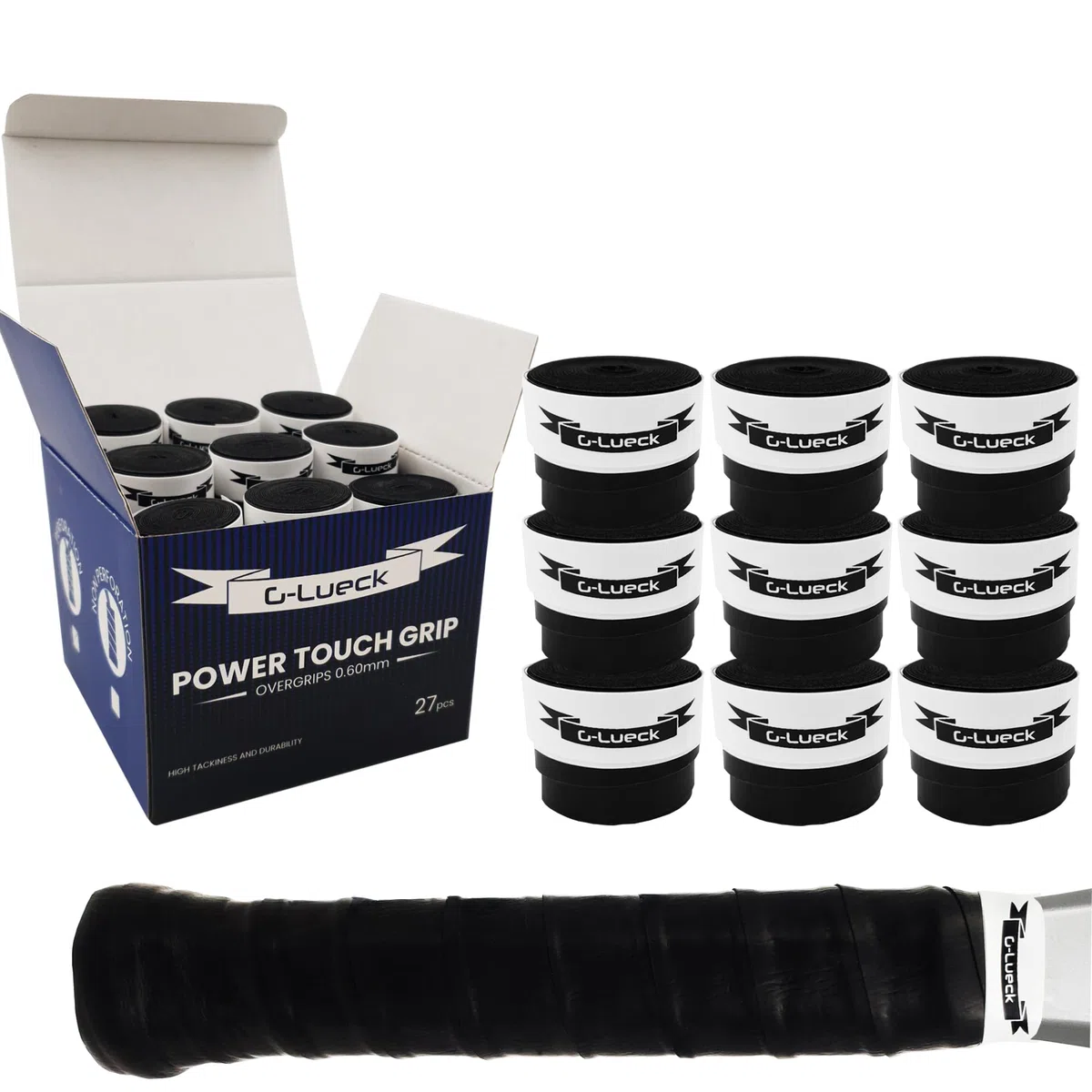 G-Lueck Lot de 27 Surgrips de Tennis Premium - Power Touch - Haute adhérence, Longue durée de Vie - 0,60mm d'épaisseur | Overgrips pour Raquettes de Padel, Squash, Badminton | Antidérapant