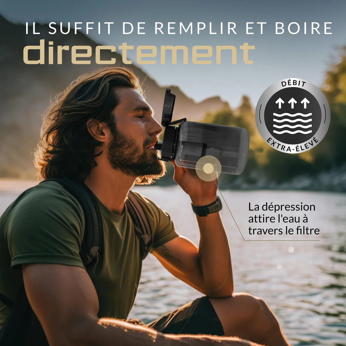 BERGKVIST® Outdoor Bouteille filtrante FJÄLLKLAR [1l], noir | Gourde d'un litre avec filtre d'AHLSTROM® pour de l'eau potable propre en camping, randonnée et aventures de survie