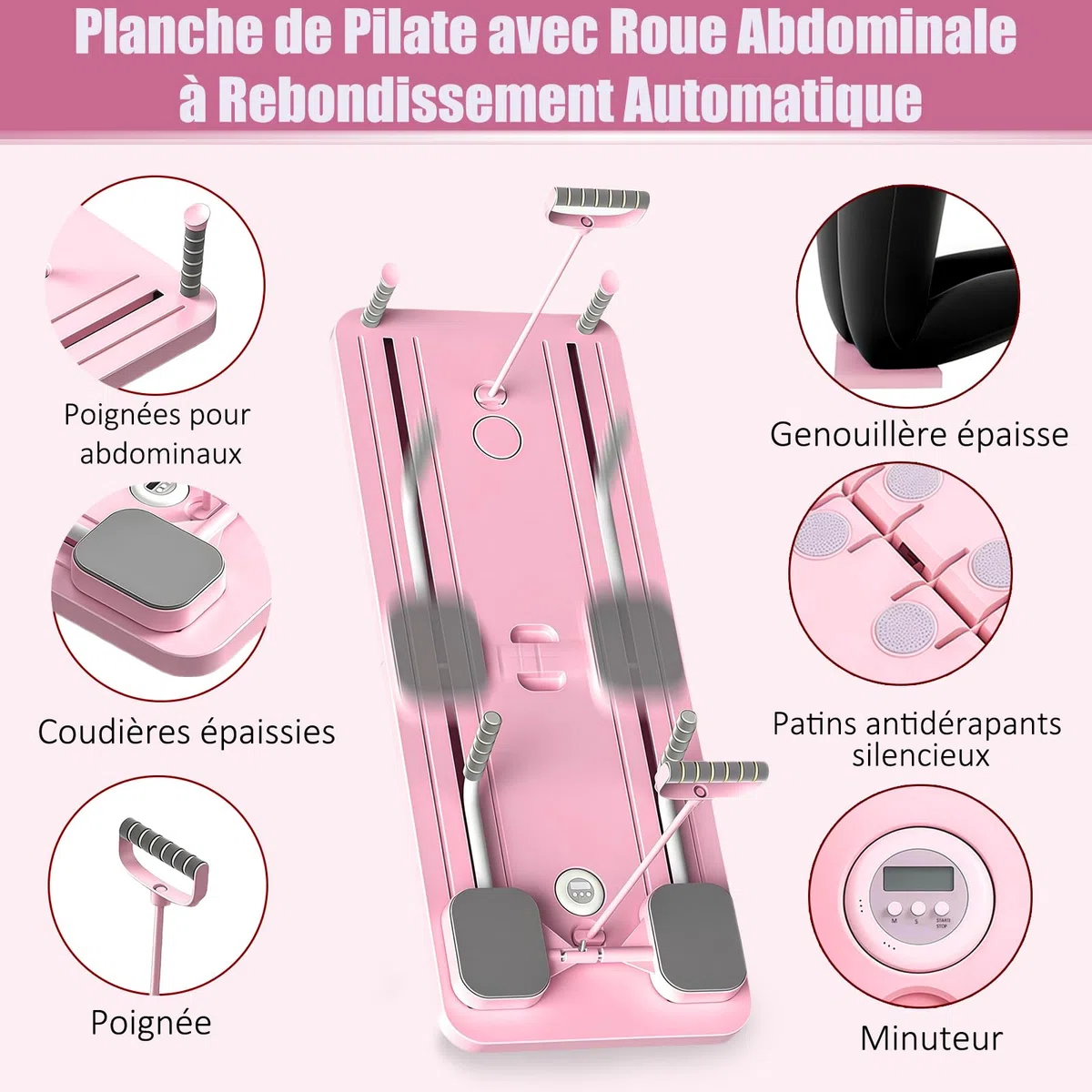 Pilates Board, 5 en 1 Pilates Reformer avec Roue Abdominale à Rebondissement Automatique et Minuterie, AB Roller Machine Pliable Multifonctionnel pour la Maison et la Salle de Sport
