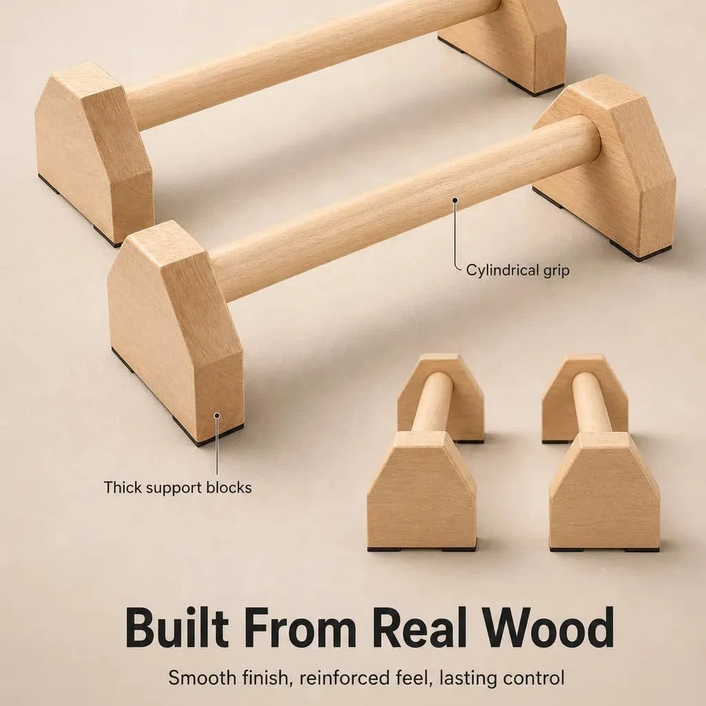 Poignées de pompes - 2 barres push up - Barre parallettes en bois - Avec deux poignées amovibles - Antidérapantes - Pour callisthénie, yoga, fitness, entraînement du haut du corps - Couleur bois