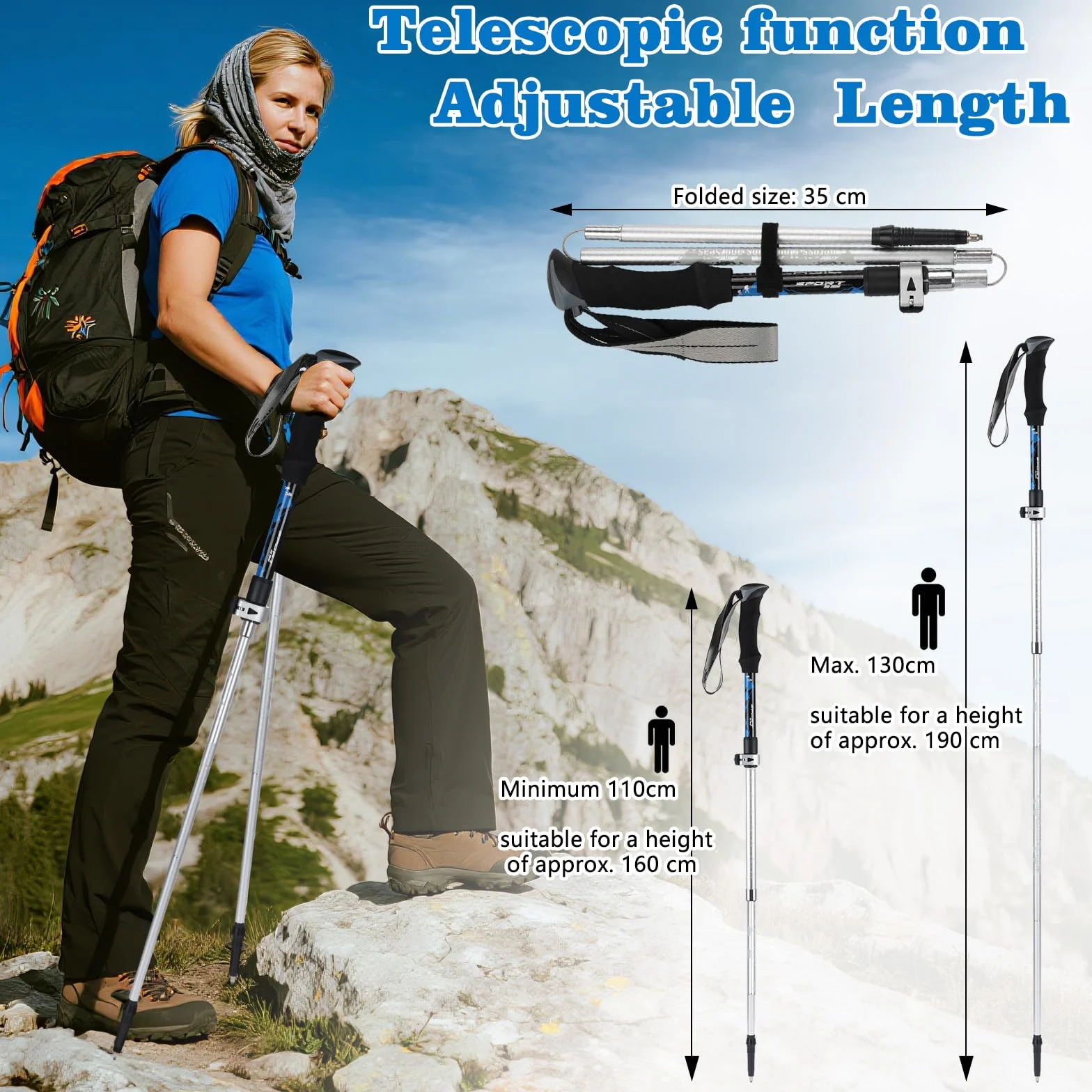 Lot de 2 bâtons de randonnée pour homme et femme - Bâtons de marche nordique - En aluminium - Pliable - Léger - 110-125 cm - Pour l'alpinisme, la randonnée, le ski, le trekking