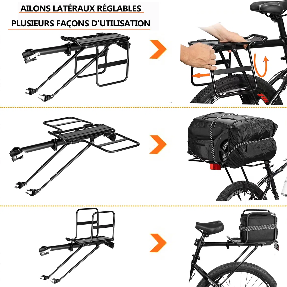 Porte-bagages pliable à larges ailes pour vélo, libération rapide, universel, grande capacité, hauteur réglable de 7,3 à 7,6 m