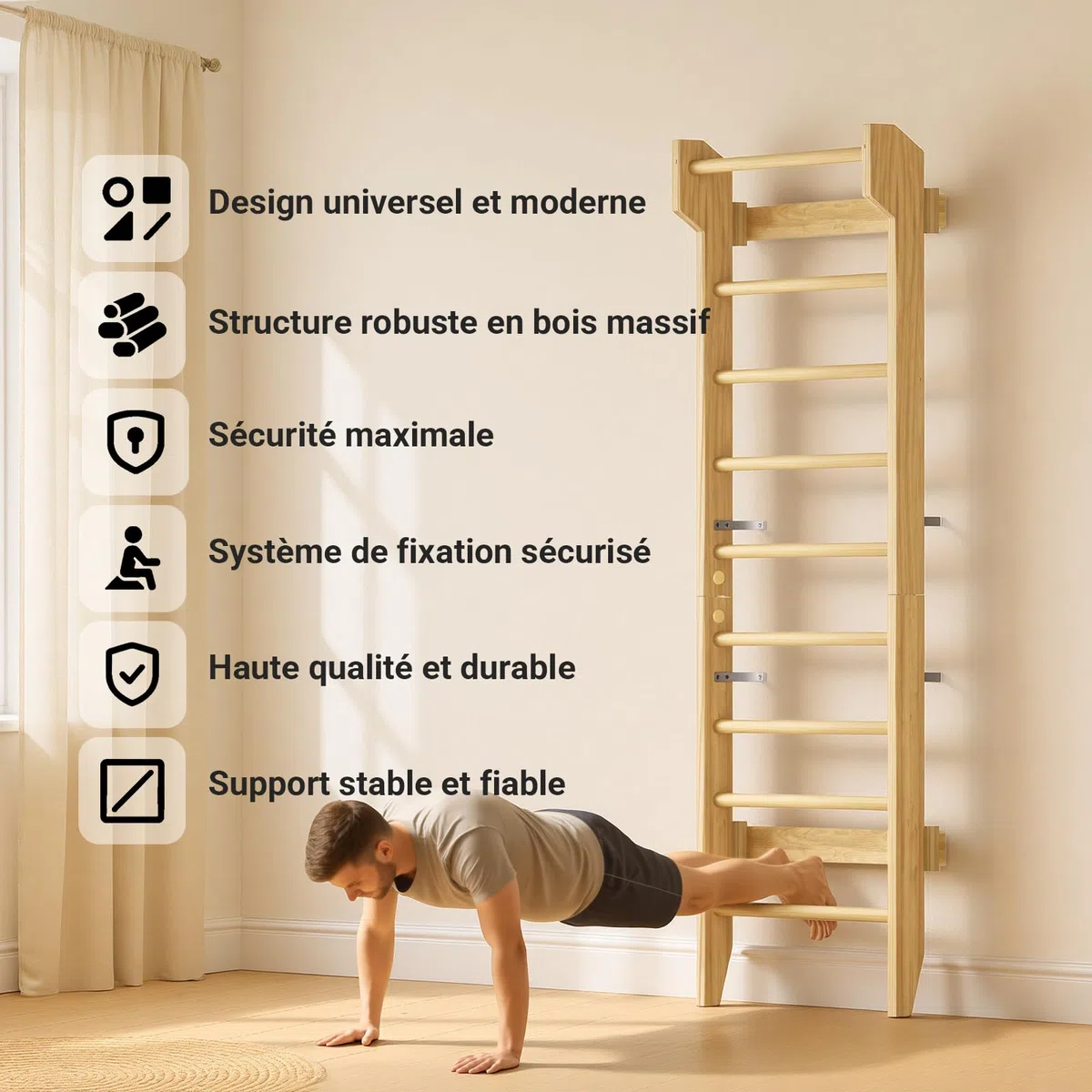 COSYLAND Espalier en Bois, Échelle Suédoise de Gym pour Adultes,Structure Murale Robuste Jusqu’à 100KG, Espalier Polyvalent pour Musculation, Étirements et Entraînement à Domicile