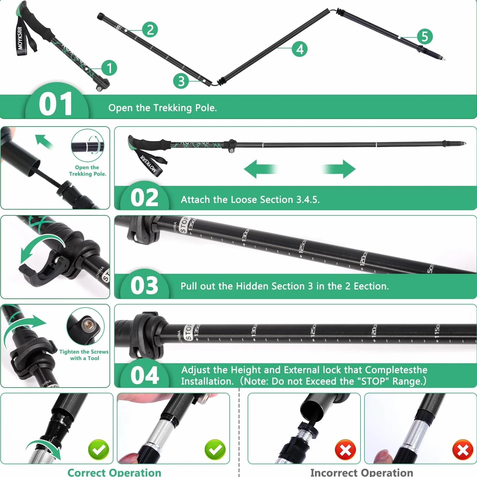 MOYKSRR Bâtons de Randonnée, 2 PCS Baton de Marche Pliable, Antidérapant Ultraléger Bâton de Marche Télescopique Retractable avec 5 Paires de Tampons en Caoutchouc pour Le Conditionnement du Trekking