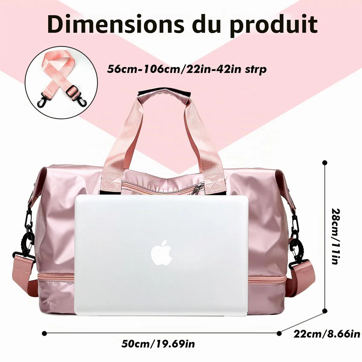 Sac de Sport Femme, Sac de Voyage Femme avec Compartiment à Chaussures et Compartiment Humide, Sac de Voyage avec Sangles pour Tapis de Yoga (Rose)