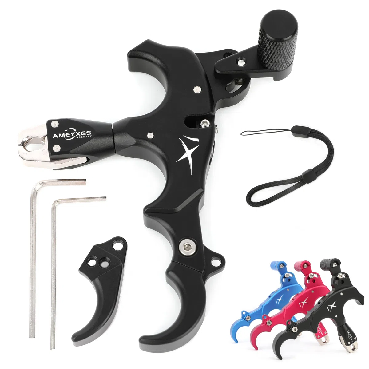 Déclencheur d'arc pour Le tir à l'arc Déclencheur Rotatif 360° pour Arc à poulies 3 Doigts 4 Doigts pour droitier et gaucher