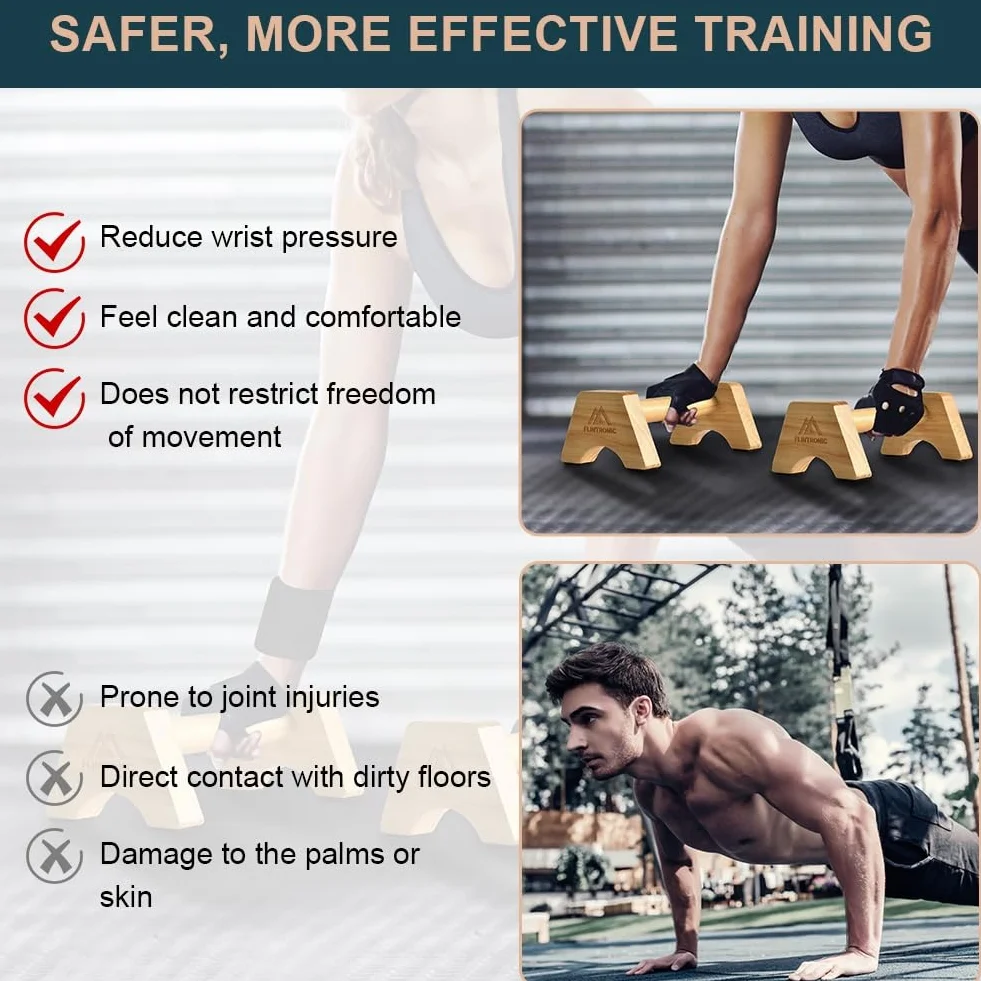 Flintronic Poignées de Pompe Bois, Parallettes en Bois, Barres Parallèles Antidérapantes, Push Up Bar pour intérieur et extérieur, pour la Calisthenics, Gymnastique, Fitness, Musculation