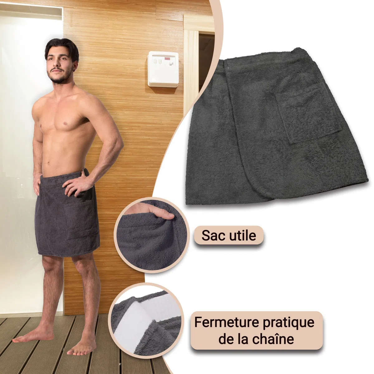 ZOLLNER Kilt de sauna pour hommes doux pour la peau et absorbant - coton - avec élastique etfermeture a scratch - certifié Oeko Tex®, 198