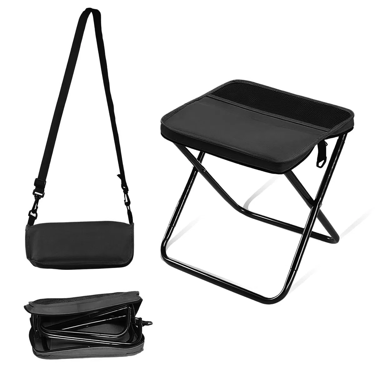 Tabouret Pliable Sac à Dos, Grand Noir - Siège Pliable Portable avec Sangle, 120kg Charge Max pour Camping, Randonnée, Pêche, Jardin, Voyage