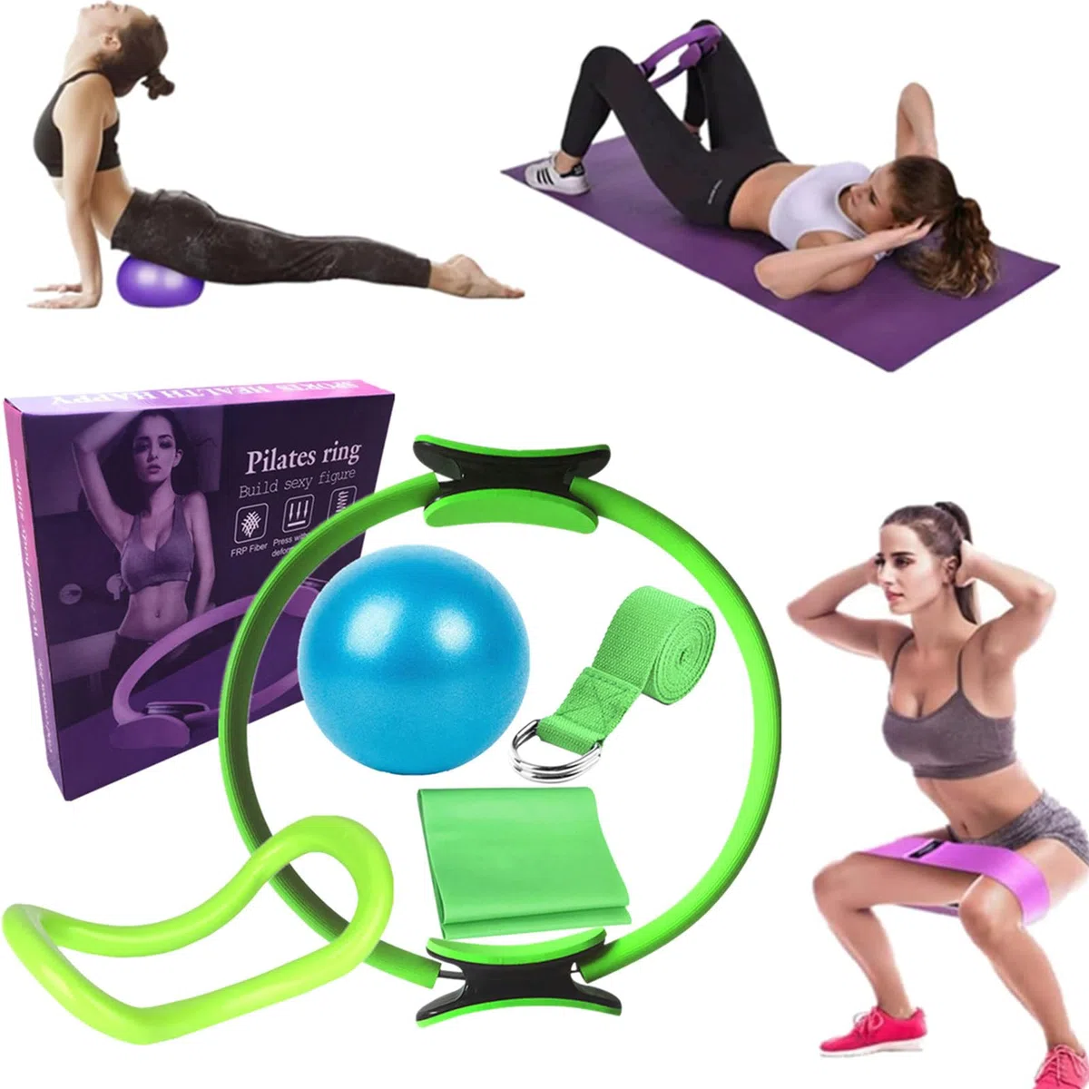 Ensemble Pilates Yoga 6 Pièces — Kit Pilates Maison, Kits de Yoga et Pilates, Pilates Accessoires, Bande de Résistance pour Pilates, Anneaux de Pilates pour Jambes, Bras et Cuisses (Vert)