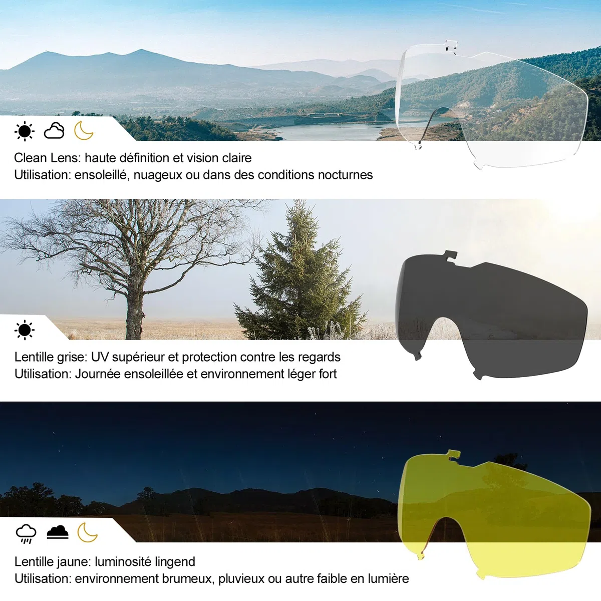 OneTigris Lunettes de protection tactiques avec 3 objectifs interchangeables - Lunettes de chasse avec CE EN166 et ANSI Z87.1 - Verres Airsoft pour paintball, chasse, CS, cyclisme, extérieur