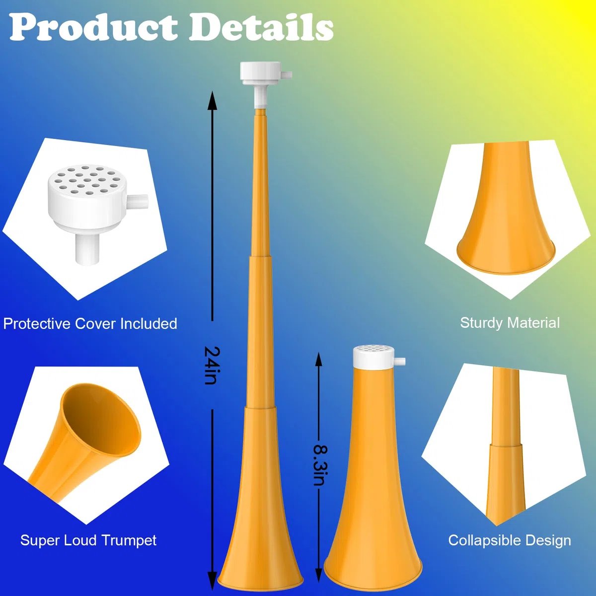 Klaxon de stade pliable de 61 cm Vuvuzela Noise Makers en plastique pour encourager les événements sportifs, les jeux de football, l'école, le sport, les fêtes, accessoires