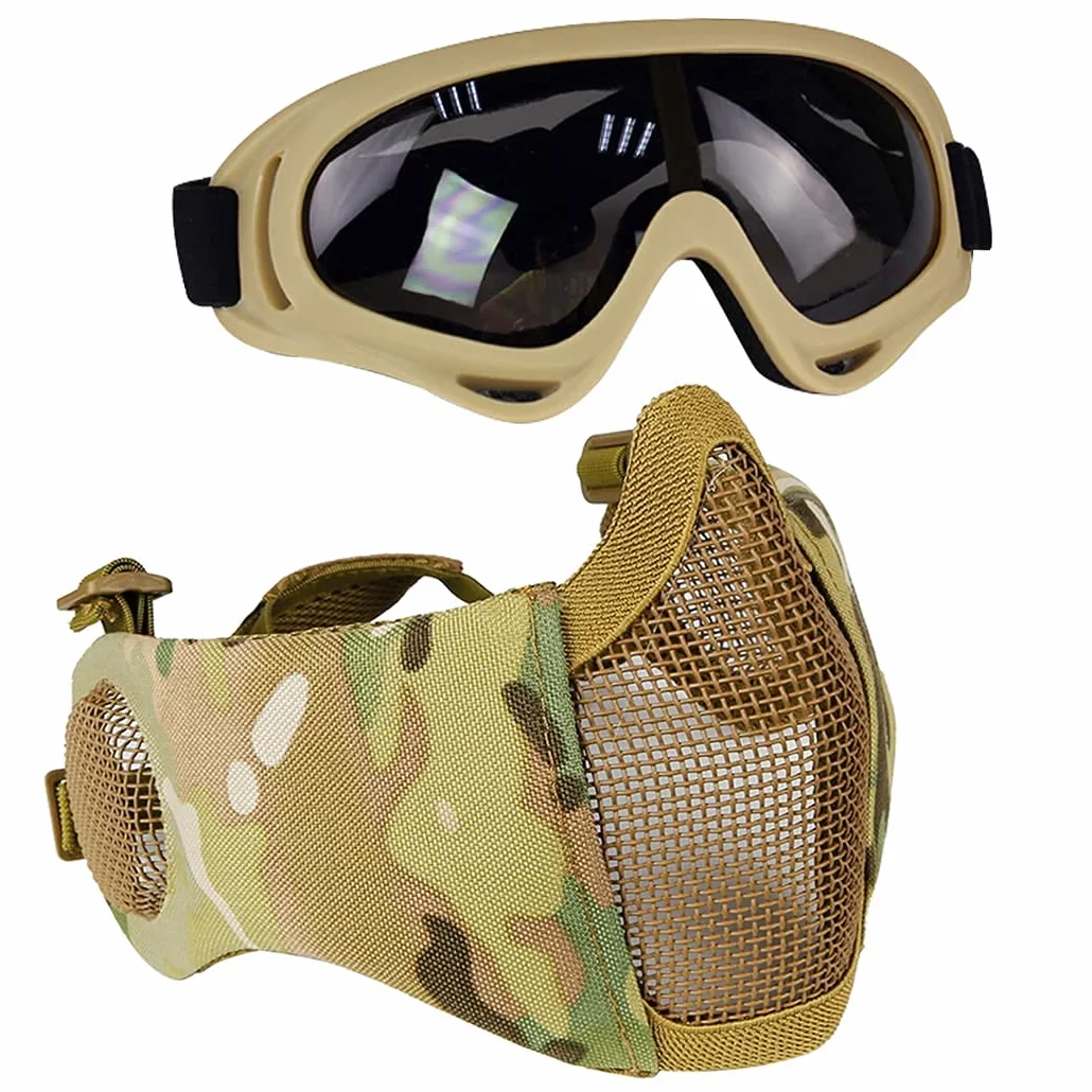 Kit de protection Airsoft avec demi-masque en maille avec protection des oreilles et lunettes - Pour CS/Chasse/Paintball/Tir