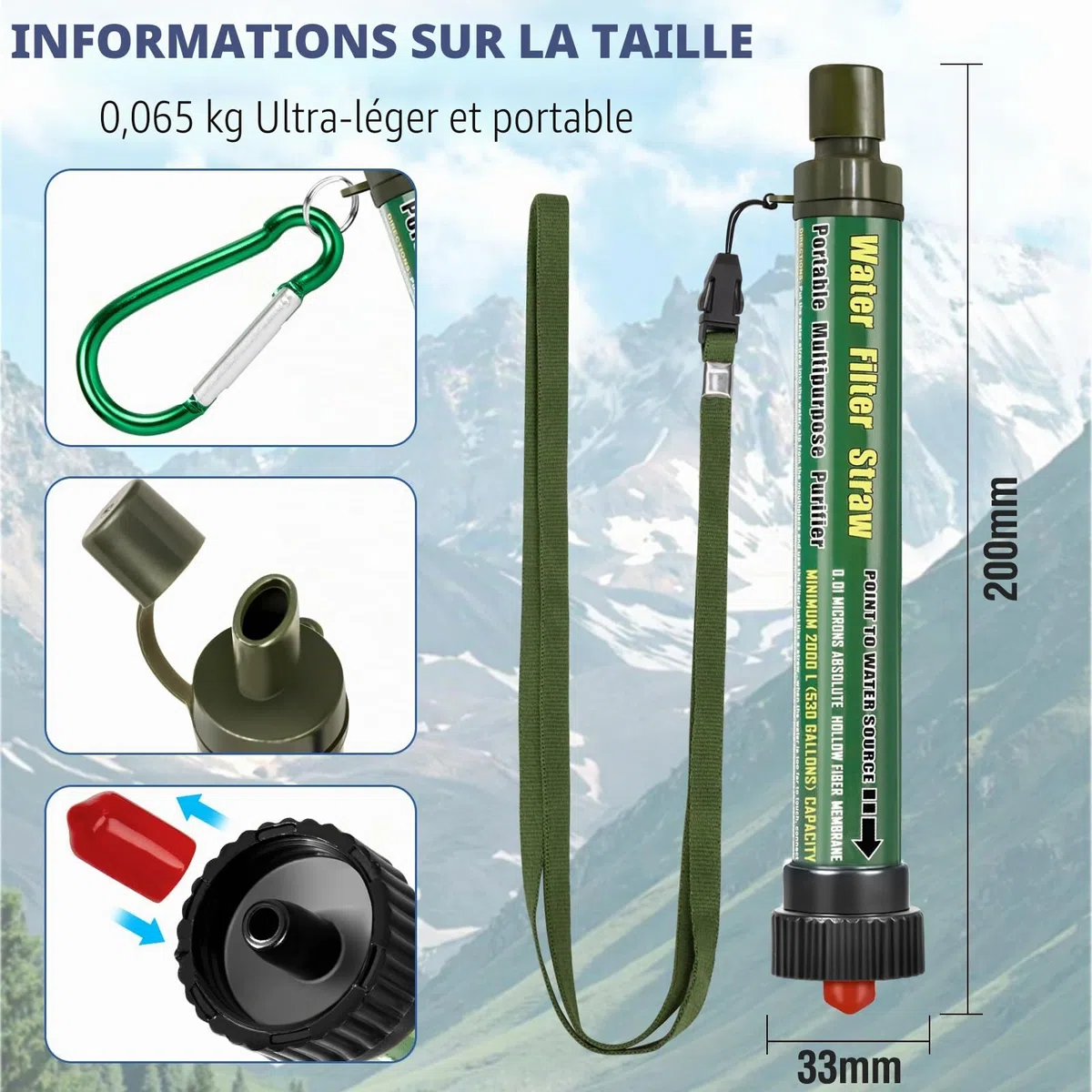 DeFe Filtre Eau Personnel 2000L Système de Filtration d'eau Élimine 99,9% des Bactéries Filtre à 0,01 Microns Paille Eau Potable pour Randonnée Voyage Backpacking Camping Survie…