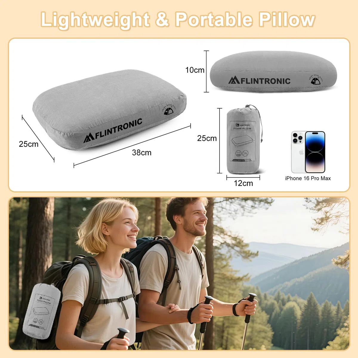 flintronic Oreiller de Camping, Coussin de Camping en Mousse à Mémoire de Forme, Oreiller de Voyage Ultra Léger et Ergonomique, pour Soutien du Cou, pour Randonnée, Voiture, Voyage, Avion - Gris