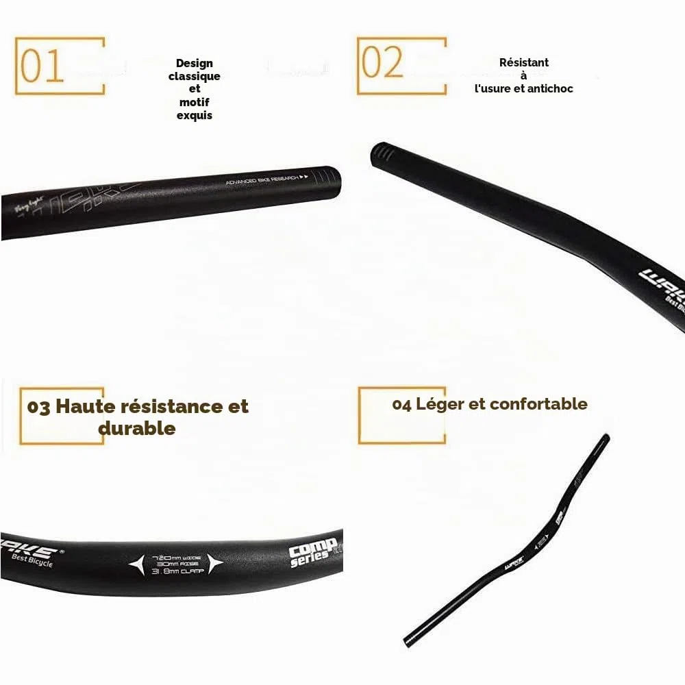 WAKE Guidon VTT Aluminium Alliage 31.8 * 720 mm Guidon Vélo Route Cintre VTT Extra Long Cintres Cyclisme Relevé 30mm Riser Bar Manubrio Bici (Noir)