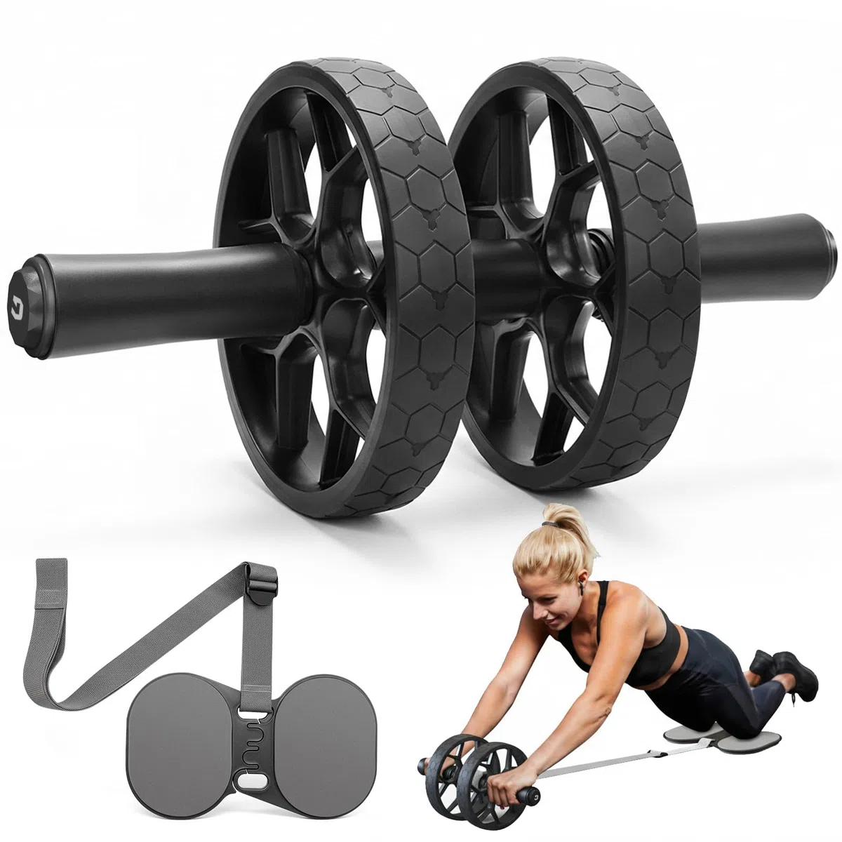 auvstar Roue Abdominale Fitness Hommes Femmes, Genouillères Bandes Résistance Poignées Antidérapantes, Roulette Abdominaux Roller Abdo Abdominaux Appareils D’entraînement Convertible – Gris