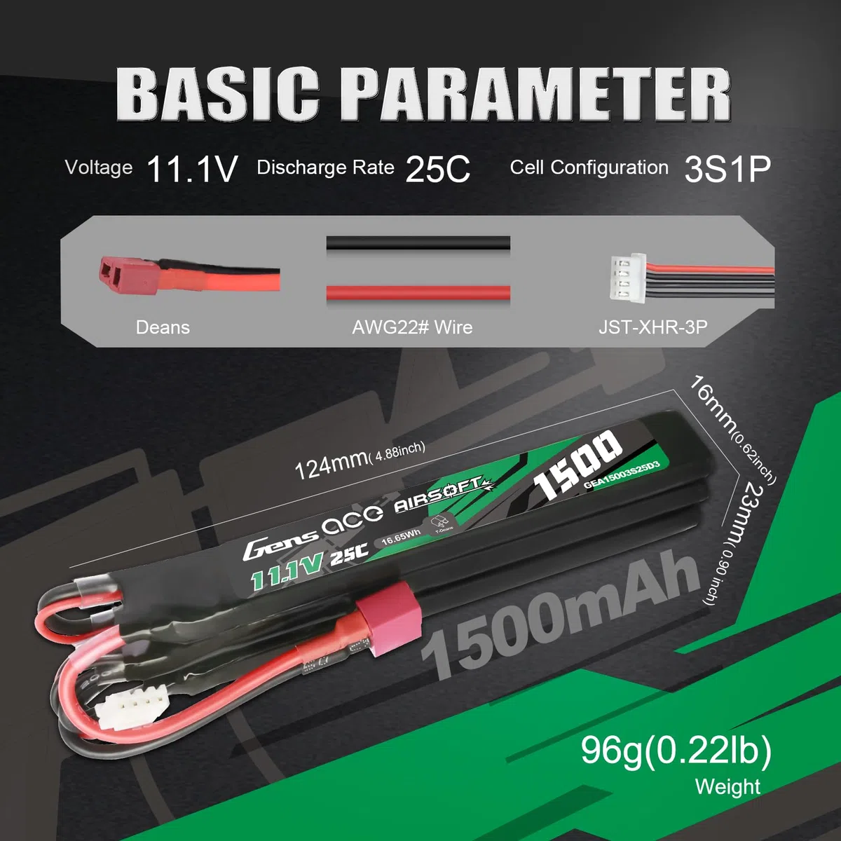 Gens ace 3S Batterie Lipo Airsoft 11,1V 1500mAh 25C 3S1P 3X Nunchuck avec Connecteur T Deans, pour Répliques AEG M4 CM16 R15