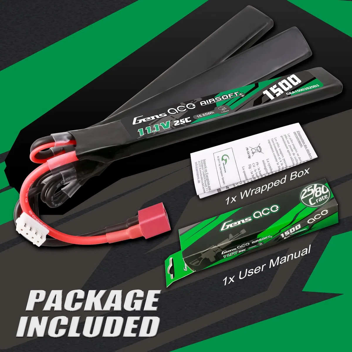 Gens ace 3S Batterie Lipo Airsoft 11,1V 1500mAh 25C 3S1P 3X Nunchuck avec Connecteur T Deans, pour Répliques AEG M4 CM16 R15