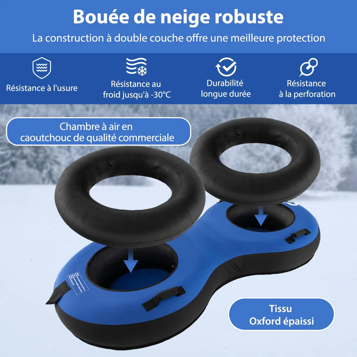 GOPLUS Luge à Neige Gonflable, Tube à Neige 100 cm avec Pneu en Caoutchouc, Coussin de Siège, Poignée, Pompe Inclus, pour Sports d'hiver Enfants&Adultes, Charge 200KG, Bleu/Rouge