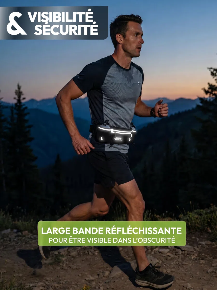 Ceinture Running Hydratation Course a Pied, Sac Banane Porte Gourde, Bouteille Accessoires Etanche Réfléchissant pour Trail Jogging Footing Randonnée Vélo