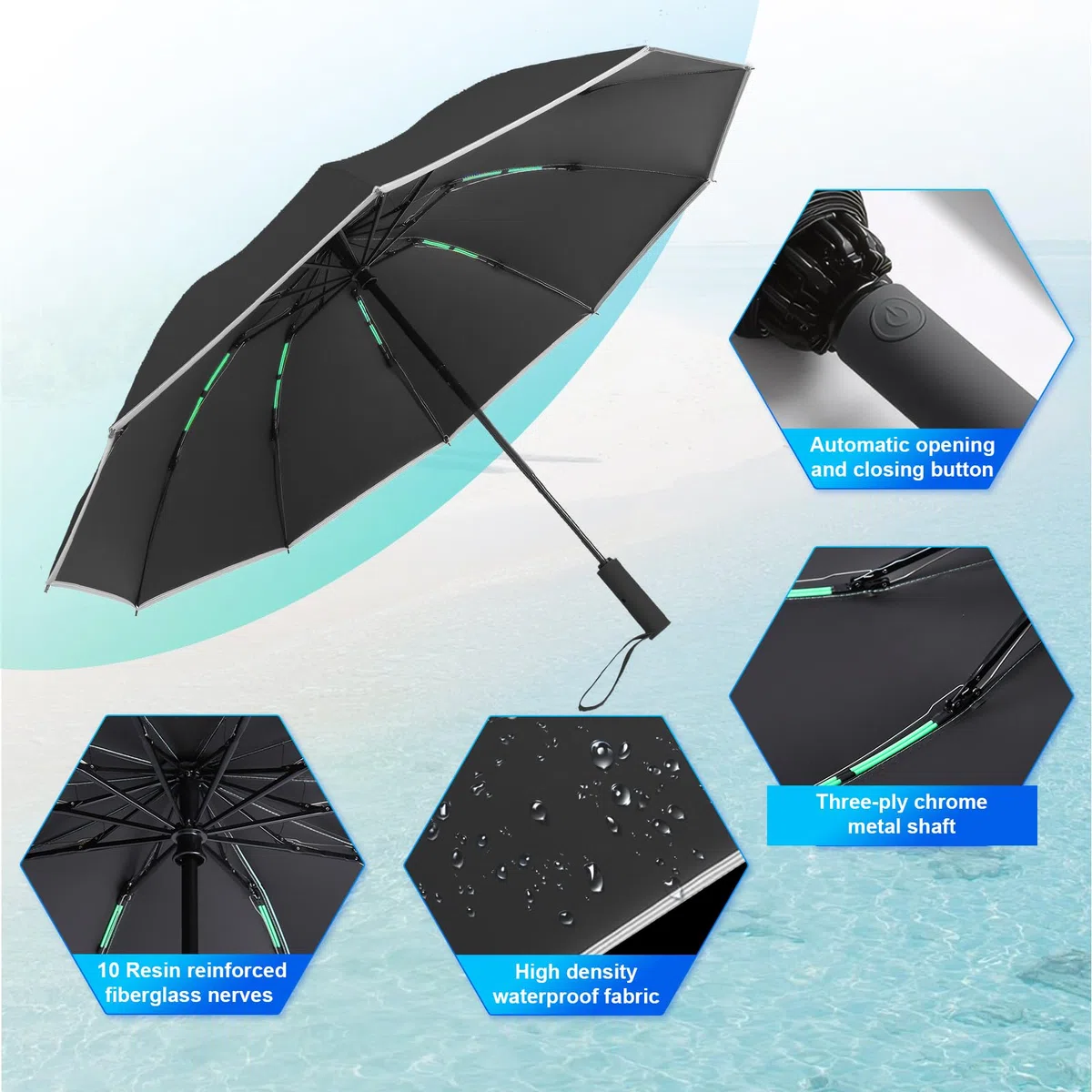 Parapluie anti-tempête Parapluie de poche résistant aux intempéries automatique 50 + 99% protection UV ouverture pliable taille de golf ventilé coupe-vent renforcé double couche parapluie