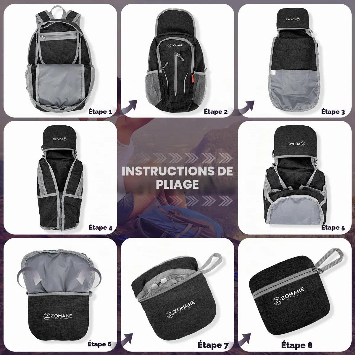ZOMAKE 10 L Petit Pliable Ultra Léger Sac à Dos pour Randonnée Voyage,Mini Sac a Dos de Jour pour Femme Homme Enfant(Noir)