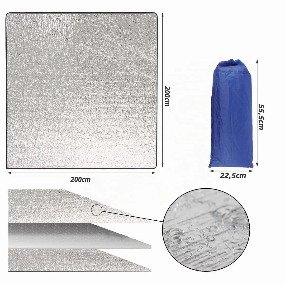 Tapis de Camping,200x200 cm Tapis de Sol Isolant en Aluminium,Enroulable Tapisen Aluminium,Tapisde Sommeil en Mousse,Tapisde Couchage léger pour Extérieur Camping Randonnée Pique-Nique