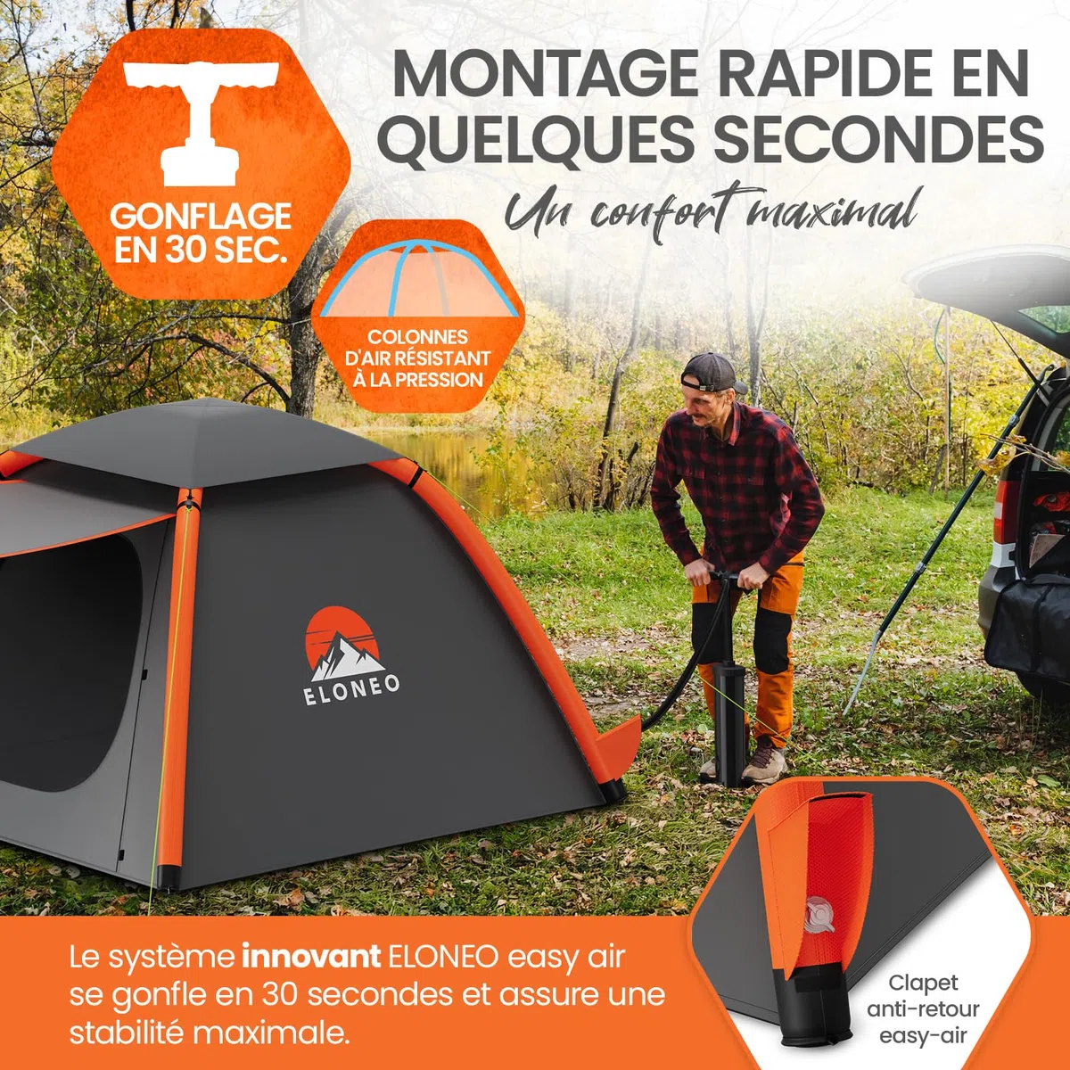ELONEO Tente Gonflable avec auvent & Pompe à air, Tente à air Ultra-légère, Glamping avec lumière LED Offerte