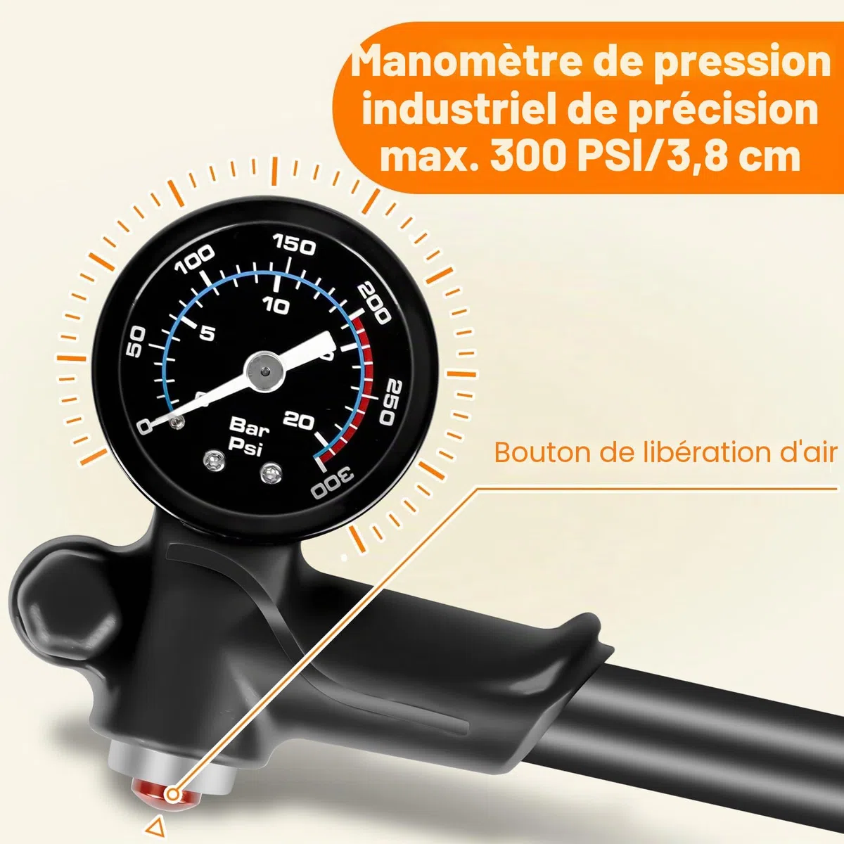 Pompe À Vélo, Pompe à Choc Haute Pression 300 PSI, Pompes Amortisseurs VTT avec Manomètre, Mini Portative Shock Pump pour VTT, Fourche Avant de Suspension Arrière