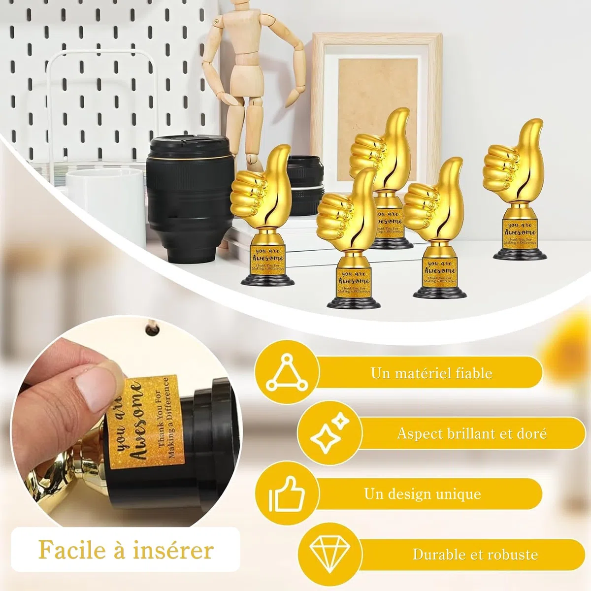 24 Pièces Trophées Pouce Levé Dorés – Mini Trophées d’Encouragement avec Autocollants “Vous êtes Génial” – Récompenses pour Enfants, Enseignants, Employés, Bénévoles, École et Événements Sportifs