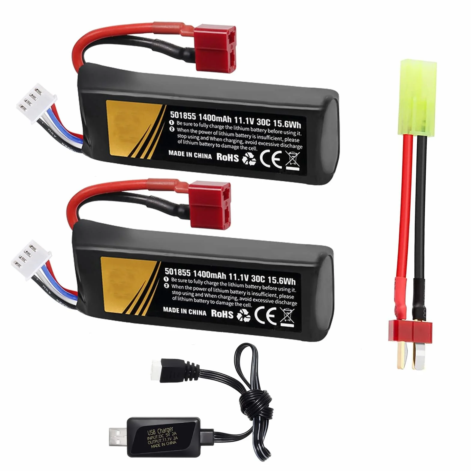 Batterie Airsoft 11.1V 3s 30C 1400mAh Batterie LiPo Rechargeable avec Prise en T vers connecteur de câble Mini Tamiya Chargeur USB pour Pistolets modèles Airsoft Batteries Gel Accessoires 2 PCS