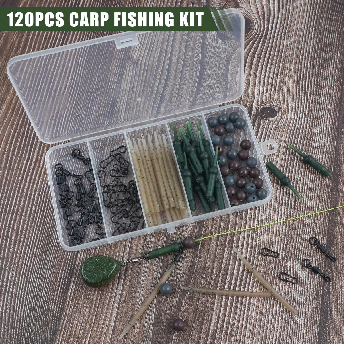 Lot de 120 accessoires pour hélicoptère de pêche à la carpe - Manchons anti-nœuds - Changement rapide - Clips et perles