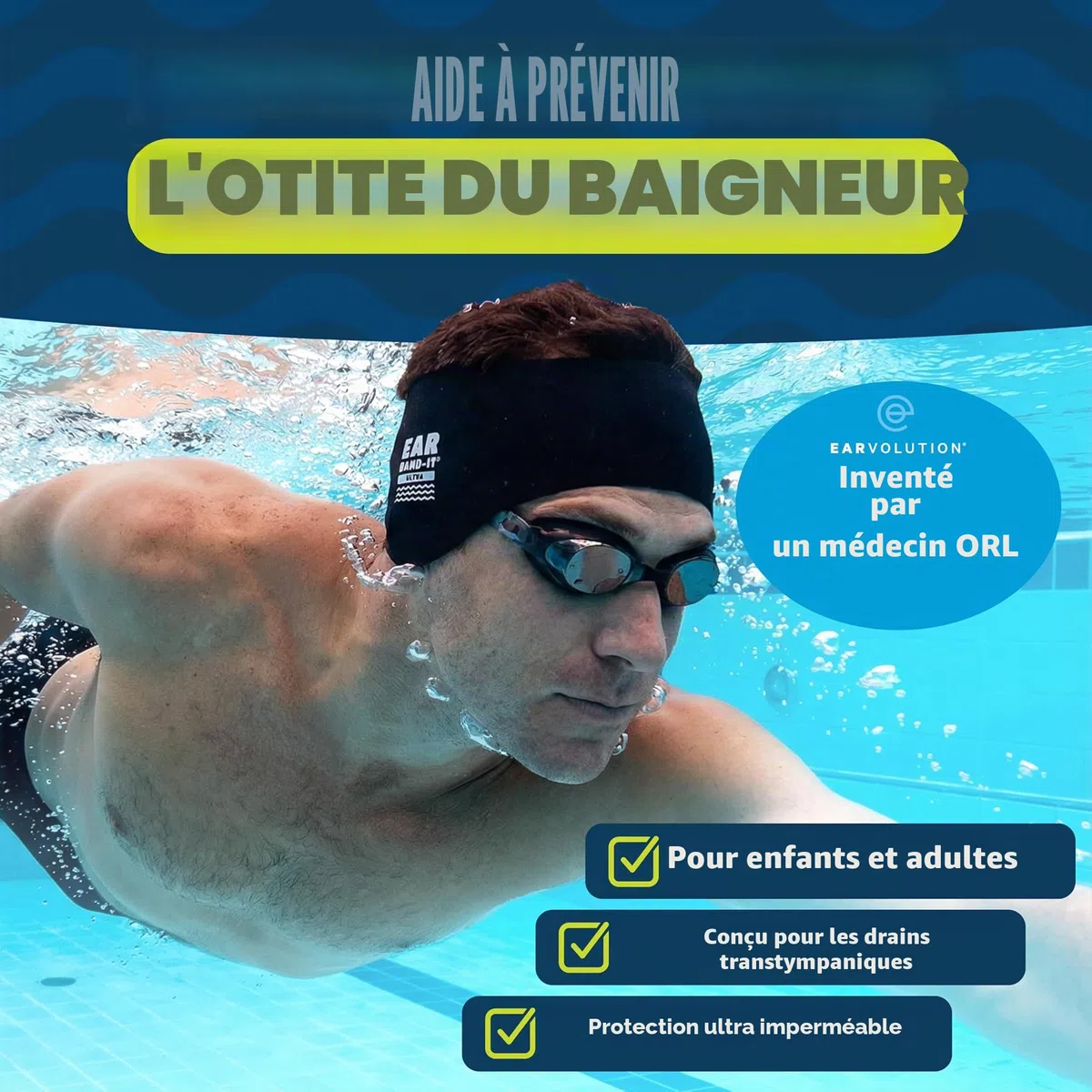 Ear Band-It Natation Bandeau (retenir l' eau, maintenez bouchons oreilles) recommandé par le médecin et protection contre l' eau Les grands (âgés de 10 ans et adultes) Noir