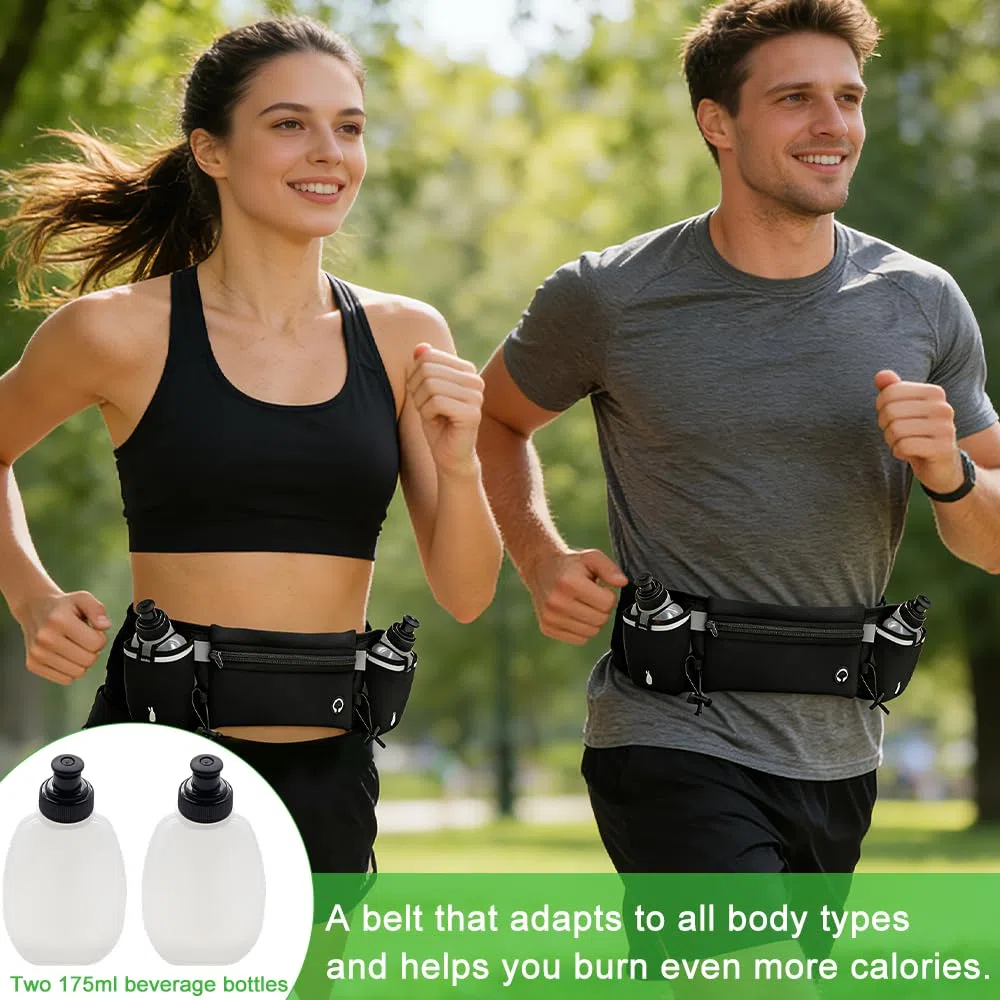 Mineup Ceinture Running Hydratation Course a Pied, Sac Banane Sport Belt, Fluorescent Homme Femme Sac Banane avec 2 Gourdes pour Trail Jogging Footing Randonnée Vélo Marathon Cyclisme (Noir)
