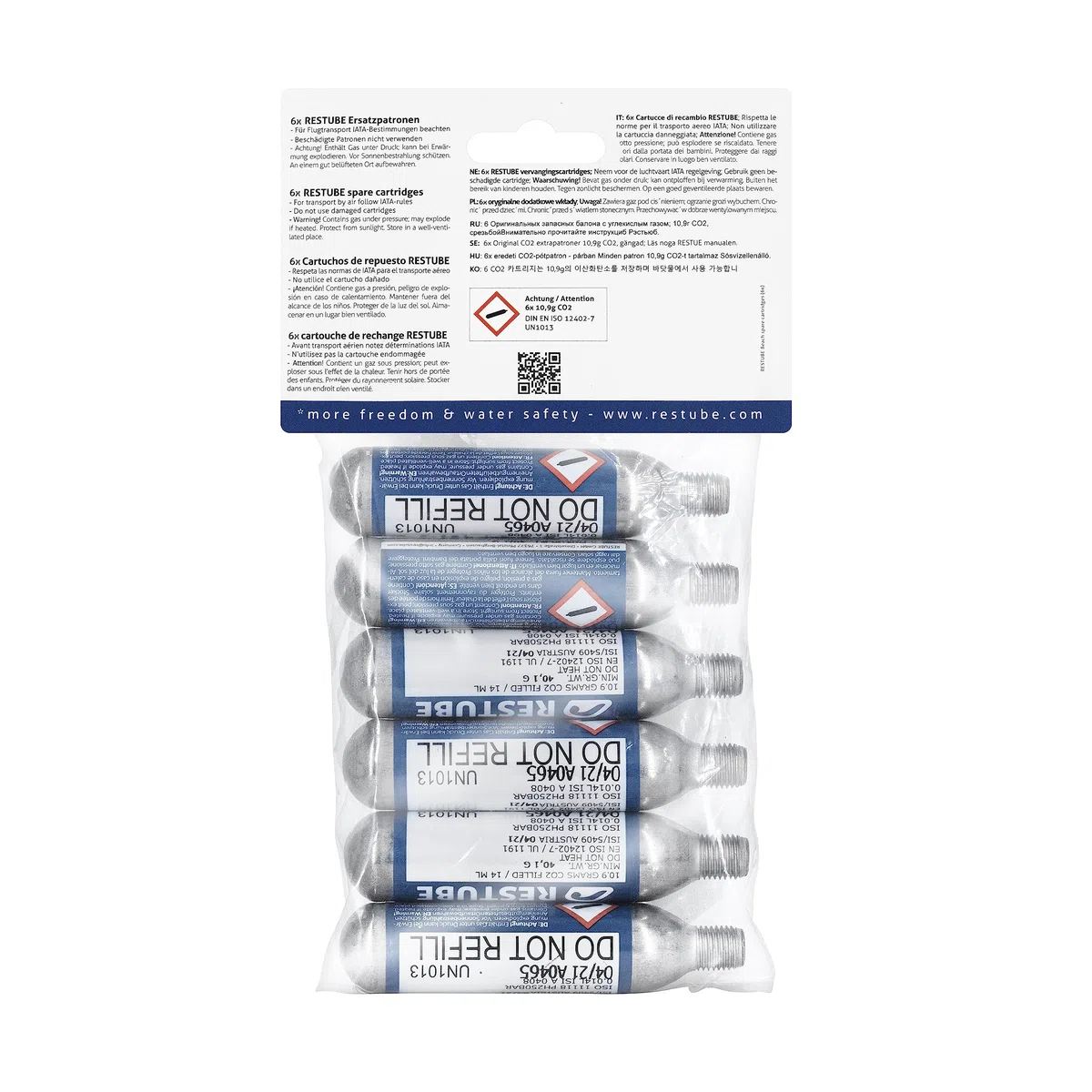 Restube Beach Cartouches de CO2 de Rechange pour Bouée de Sauvetage Gonflable - Lot de 6 Capsules à Air Comprimé de 10.9g pour Aide Flottante Natation