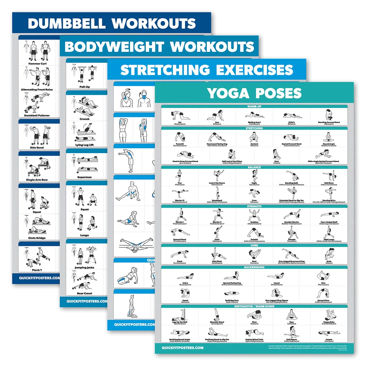 Palace Learning Lot de 4 tableaux d'entraînement avec haltères + exercices d'étirement + yoga (45,7 x 61 cm, laminé)