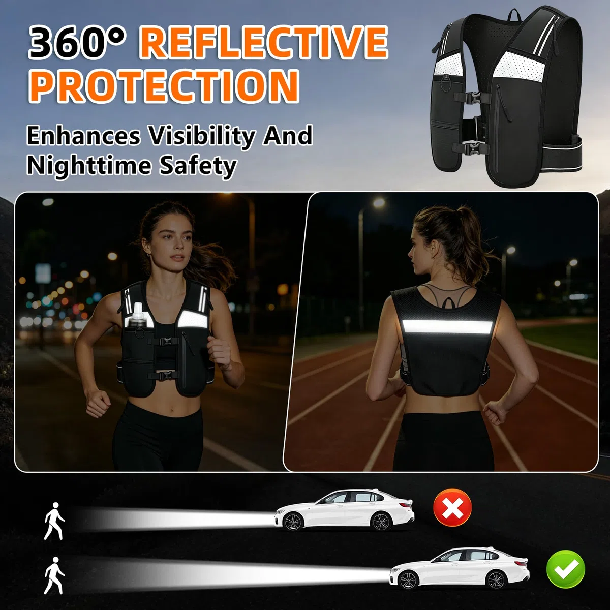 Gilet Hydratation Running Femme Homme, Gilet Running Réglable avec Bouteille d'eau Pliable 500ML, Respirant et Réfléchissant, avec Sac pour Téléphone, pour Course, Randonnée, Cyclisme, Marathon