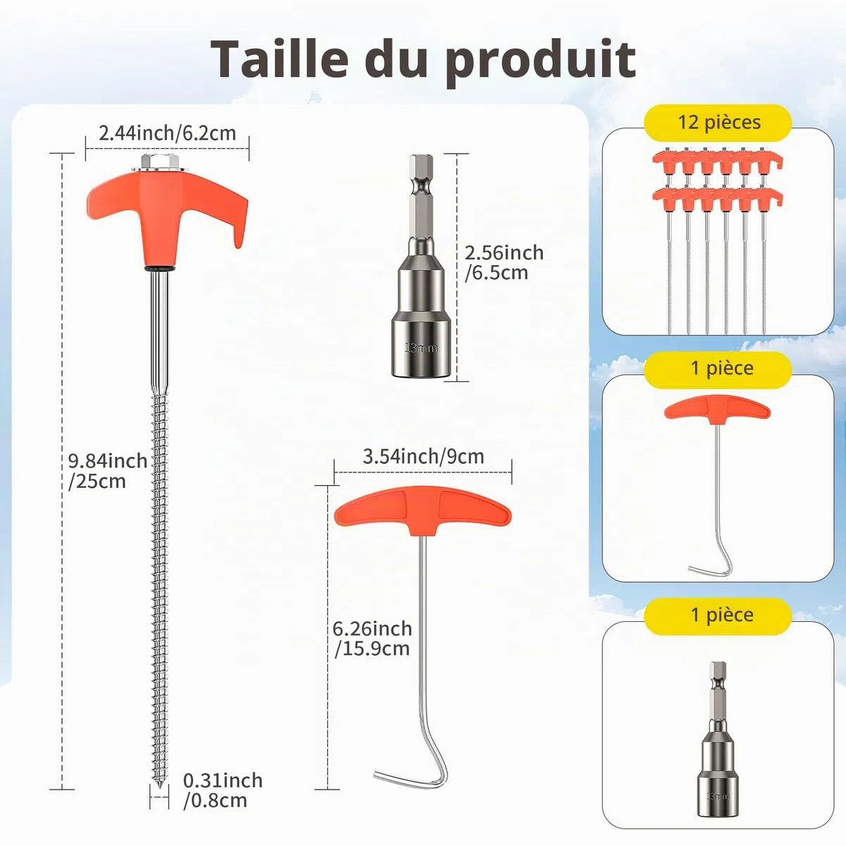 12 piquets de Tente Stables Piquet de Tente a Visser Camping perçables Sardines Camping Robuste piquets de Sol antirouille 25cm Piquet de Camping (Orange 12PCS)