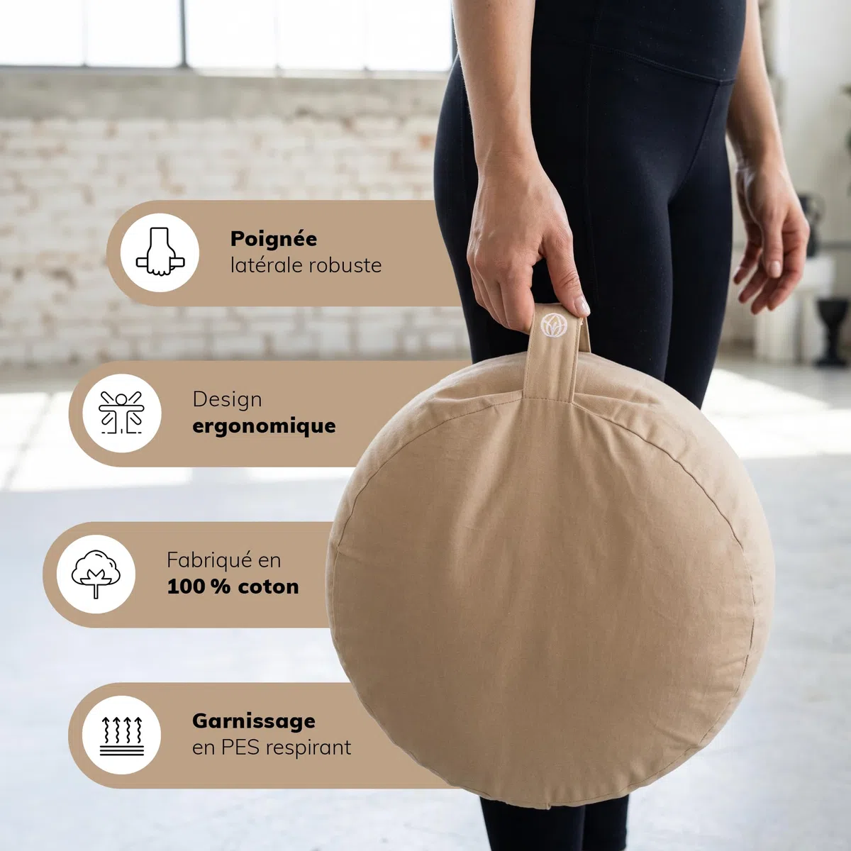 MYLILY Coussin de Yoga Méditation – Coussin Yoga Rond Ø 29 cm – 10 cm Plat & 255 g léger – de Sol avec Housse Coton Lavable – Vegan – Beige