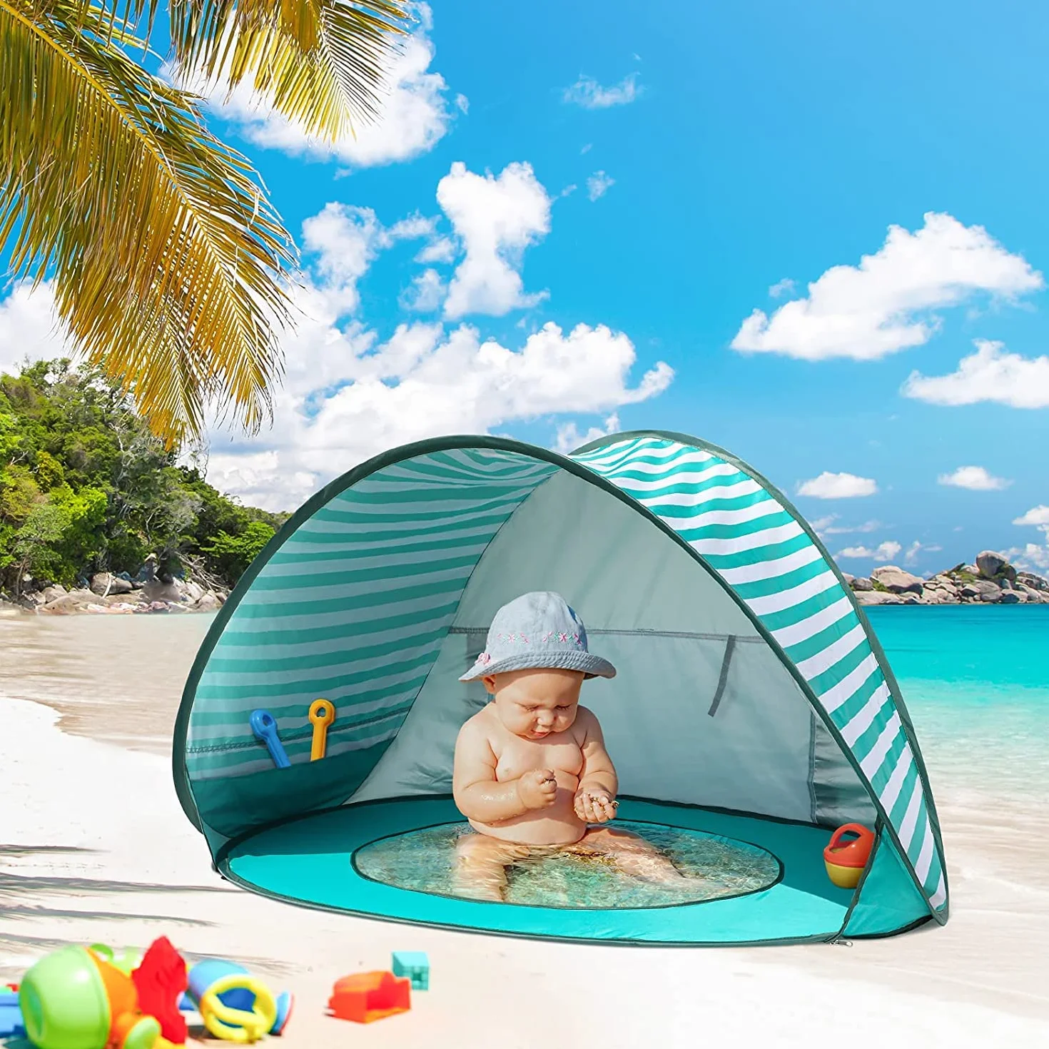 Tente de plage pour bébé - Pop Up - Tente de plage pour bébé - Avec mini piscine - Portable - Pop Up - Protection UV - Pour les tout-petits - Pique-nique - Jardin - Vert