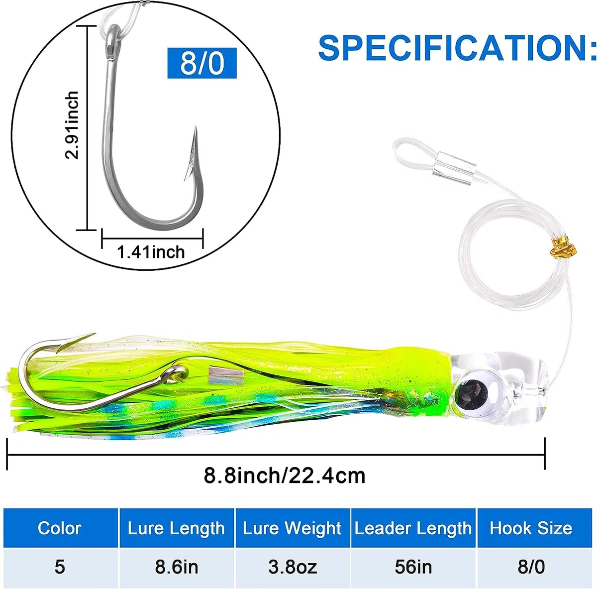 Leurres de Pêche à la Traîne pour Le Gros Gibier Leurres de Pêche en Eau Salée pour Mahi Marlin Thon Dauphin Wahoo Requin Pêche en HauteMer Leurres M ontés avec Leader Hook Jupes de Calmar