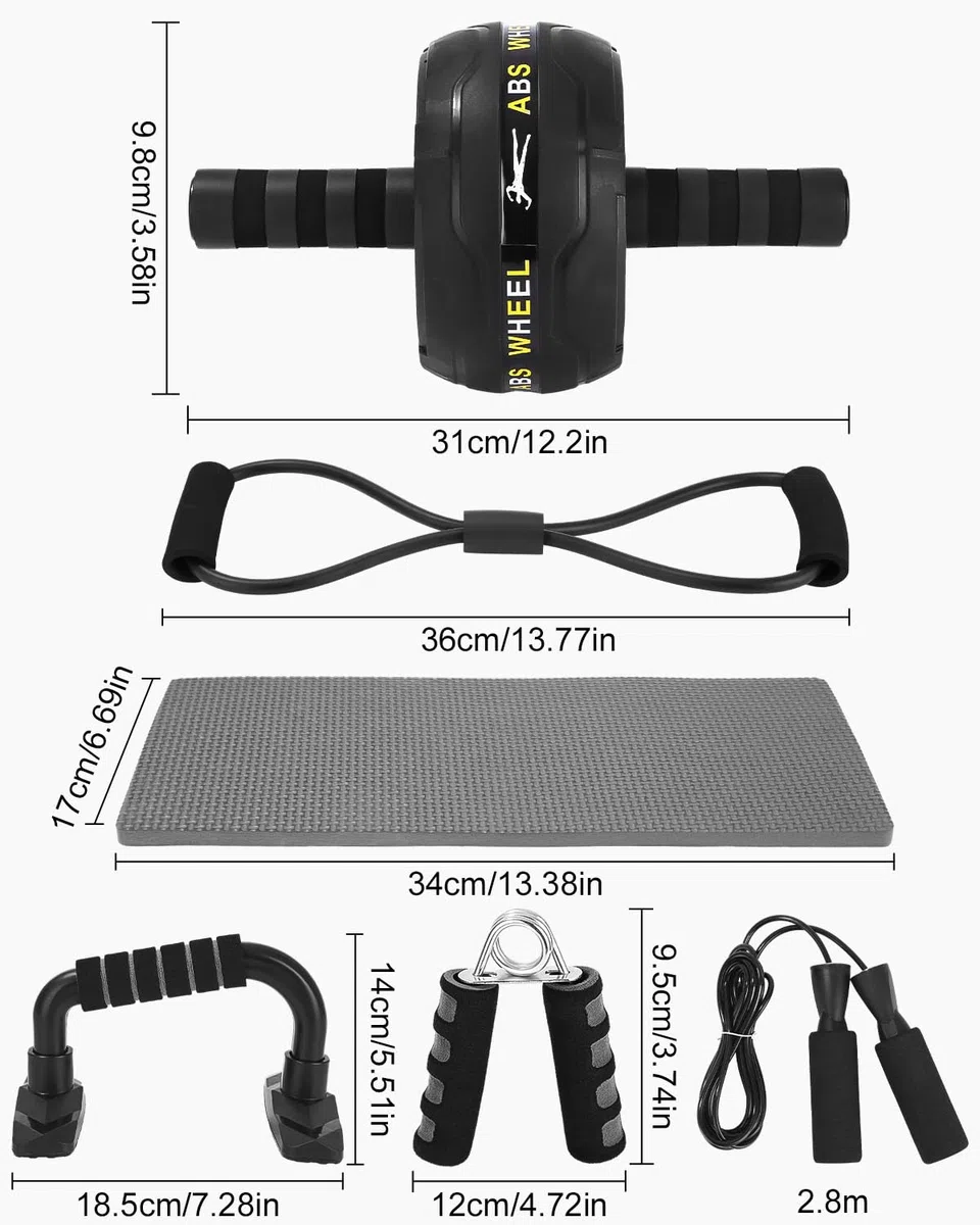 Roue abdominale 6 en 1 avec bande de fitness, pompes, tapis pour genoux, Corde à Sauter,Pince à Main,appareils de fitness pour abdominaux, Idéal pour les hommes et les femmes à la maison