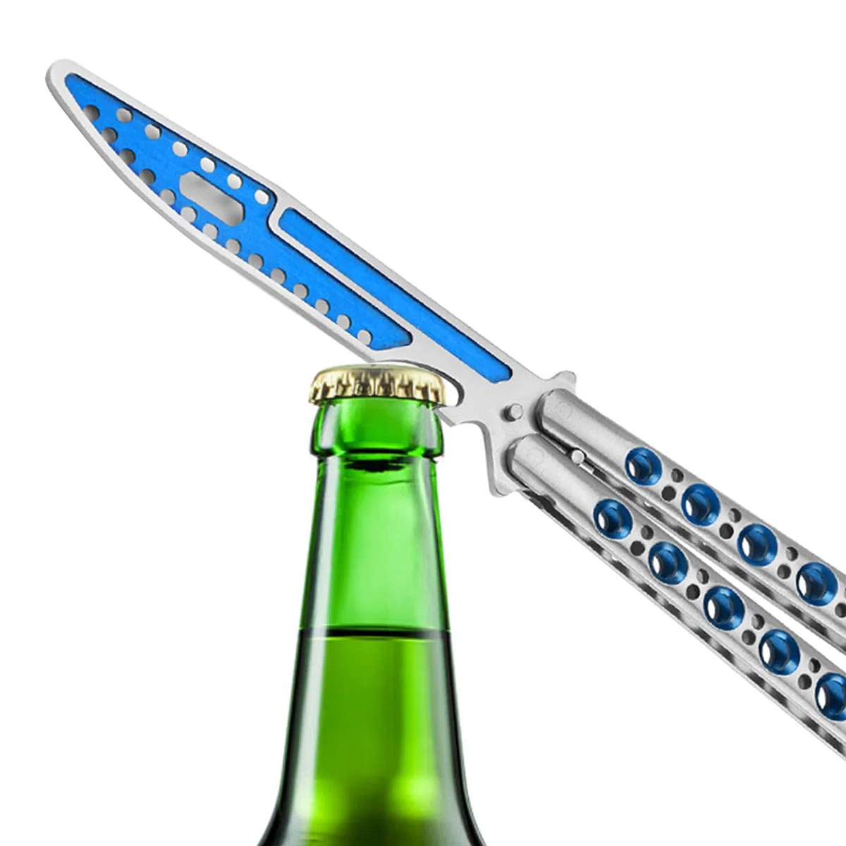 MARCOLO Entraîneur de papillons d'entraînement complet en acier inoxydable terne Balisong Trainer Peigne d'entraînement papillon non affûté pour CS GO Outil multifonctionnel avec clé hexagonale Bleu