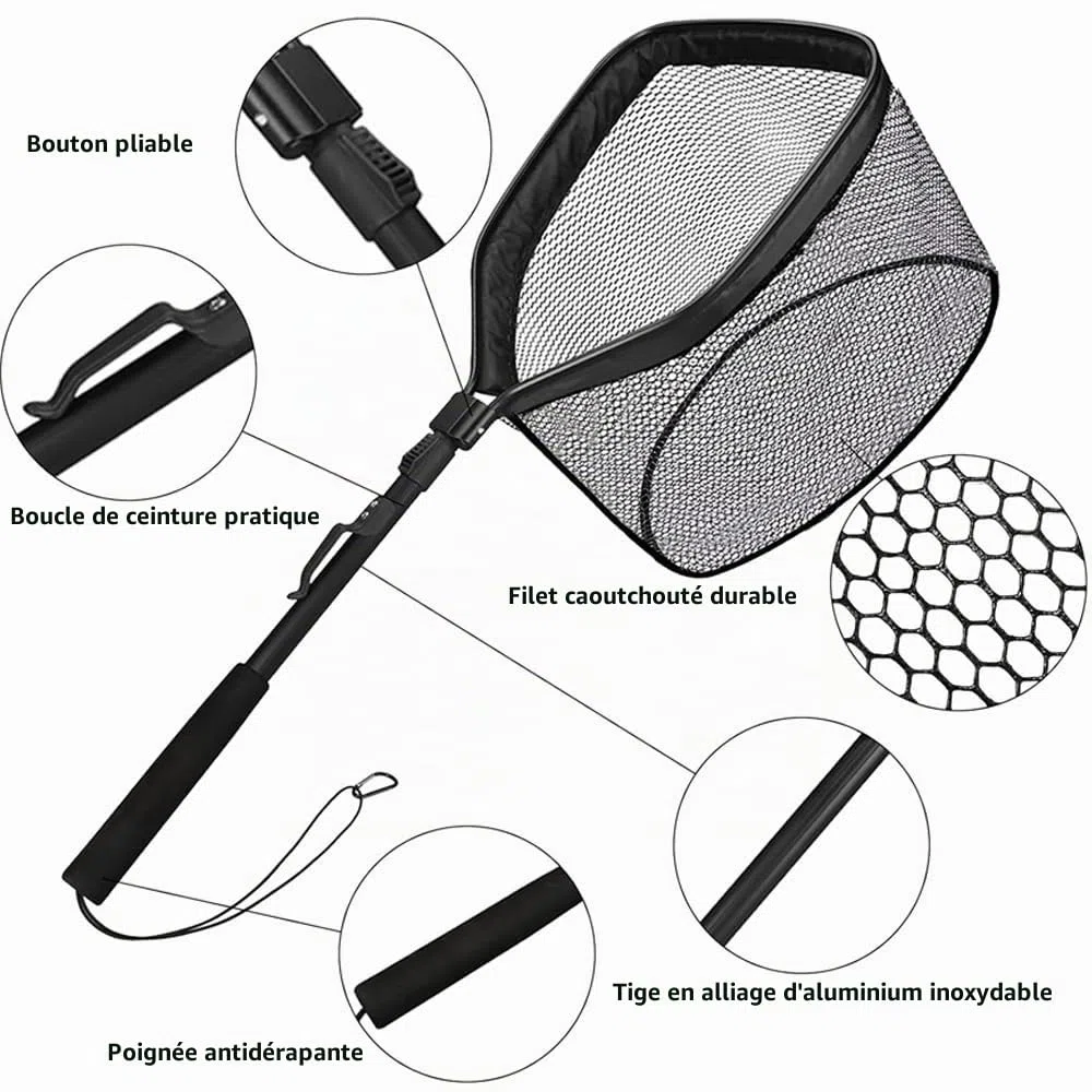 épuisette télescopique, pliable, filet flottant pêche, épuisette caoutchouté pour attraper et desserrer facilement le poisson, adaptée aux enfants