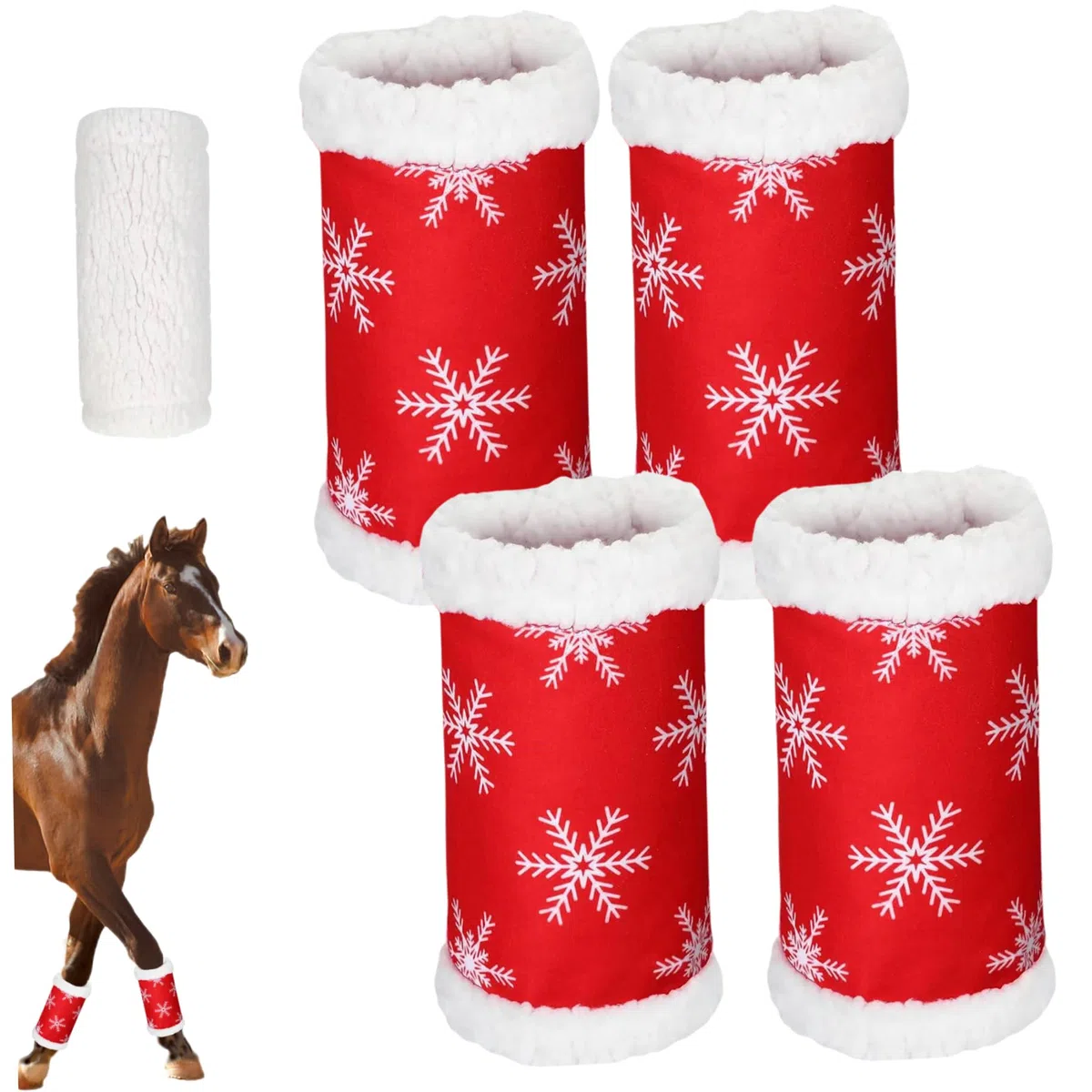 4pcs Horse jambe enveloppe de Noël sur le thème de la jambe de cheval rouge sur le thème de Noël enveloppe de la peluche épaisse douce enveloppe pour les chevaux avec du ruban de boucle et de hook