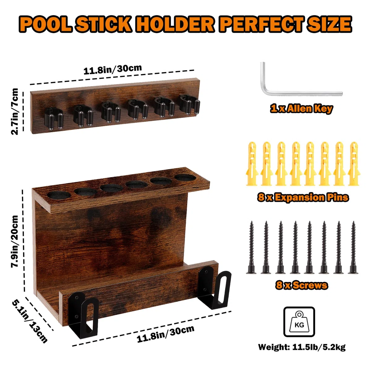 Support Mural pour Bâtons de Billard, Support pour 6 Queues de Billard, Accessoires pour Table de Billard, Support en Bois Massif pour Ensemble de Queues de Billard, Organisateur Rustique pour