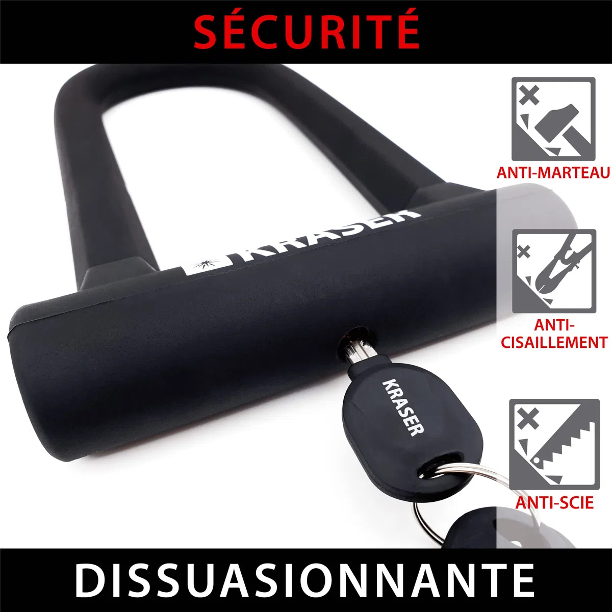 KRASER KR65145B Antivol Vélo, Robust U + Cable 120cm Plus Sûr et Pratique, Anse ø16 Acier Double Verrouillage, Support Transport Facile, Protection Silicone Anti-rayures, Universel pour Scooter Vélo