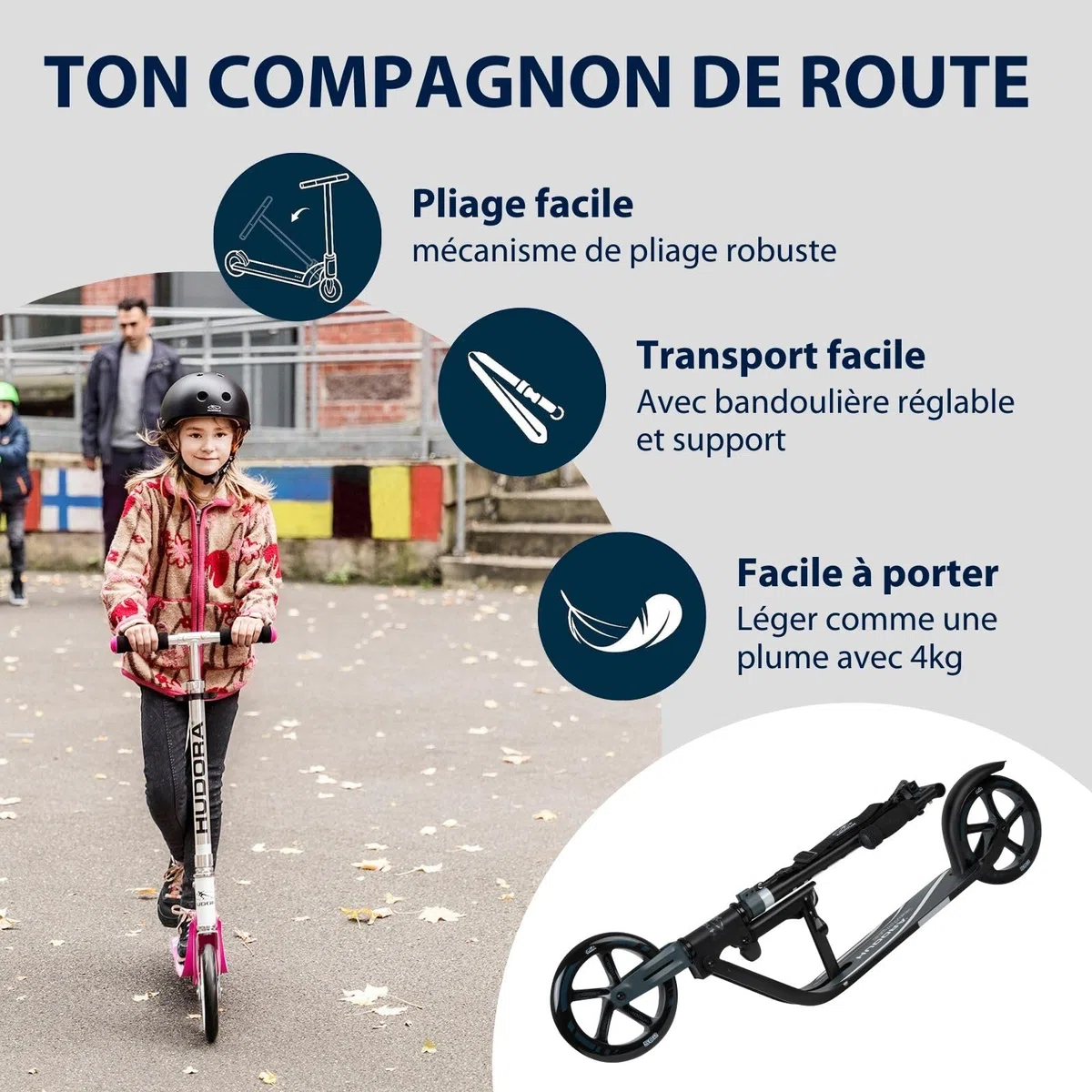 HUDORA BigWheel 205 Scooter - Trottinette Stable en Aluminium - Trottinette de Ville Ajustable en Hauteur & Pliable avec béquille - Trottinette Sportive pour Enfants & Adultes jusqu'à 100kg